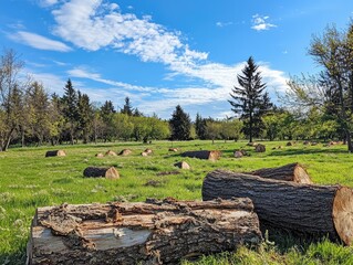 Wide shot of the grassy area in front of trees with tree stumps scattered around, a forest clearing on a bright day.