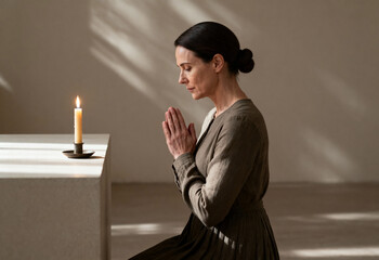 Woman meditating in peaceful room, kneeling by candlelight, hands clasped in prayer, serene atmosphere emphasizing mindfulness