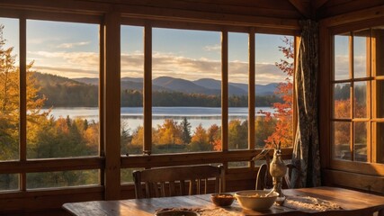 Fototapeta premium Cozy cabin interior with wooden table, autumn scenery outside, lake and mountains in the background