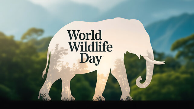 World Wildlife Day graphic featuring an elephant silhouette against a natural forest backdrop