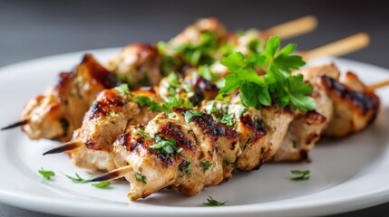 chicken shashlik close up, marinated chicken skewers, charred grill marks, fresh herbs garnish, elegant plate, fine dining presentation 