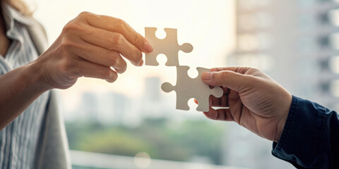Two people holding and connecting puzzle pieces symbolizing teamwork and collaboration in bright indoor setting