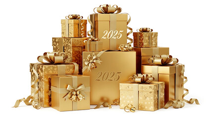 Pile of golden gift boxes with ribbons and '2025' text
