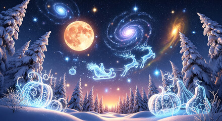 Fantasy winter scene with glowing pumpkins, santa's sleigh, and a galaxy sky