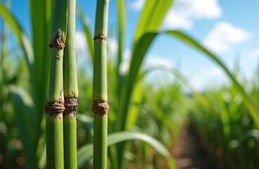 Obraz premium Close-up of sugarcane stalks against a blue sky. The green stems are textured and moist. The photo shows focus on natural raw produce, vibrant foliage and farm life.