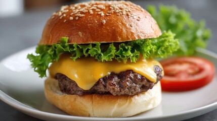 classic cheeseburger close up, juicy beef patty, melted cheese, lettuce and tomato, simple plate, everyday casual style 