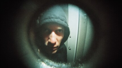 Scary dangerous person silhouette viewed through peephole. Privacy, security, curiosity. Suspicious neighbor peeping looking door peep hole. Thief, criminal looking closely, planning crime.