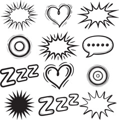 Hand Drawn Speech Bubbles and Elements Collection with Hearts, Zzz, and Starburst Shapes