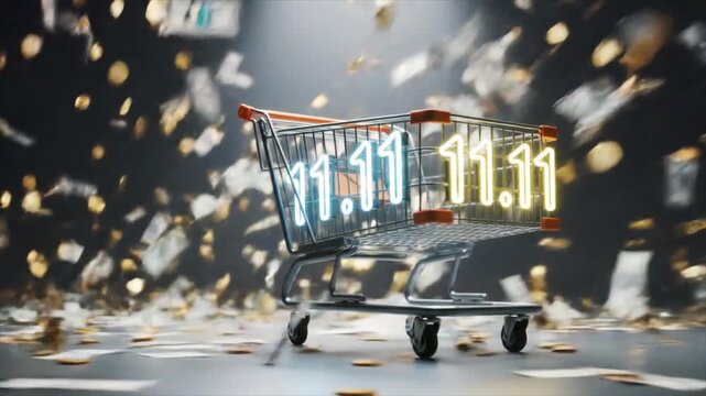 Shopping cart symbolizing savings with cash and number 1111, perfect for financial concepts, online shopping, discounts, ecommerce design projects.