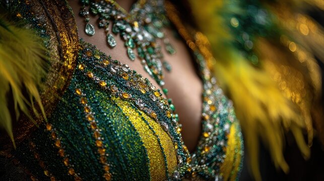 samba dancer torso close-up, intricate beadwork, green and yellow feathers