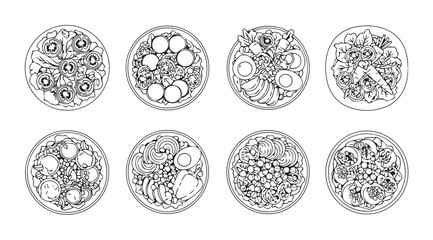 Eight oval shaped plates filled with various salad dishes silhouette