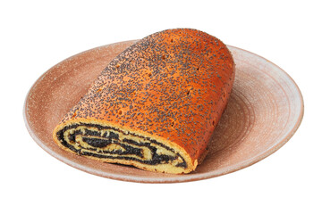 Poppy seed roll in a ceramic plate isolated on a white background. Gourmet baked strudel.