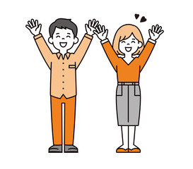笑顔で万歳する、若い夫婦・カップルのシンプルな全身ベクターイラスト素材