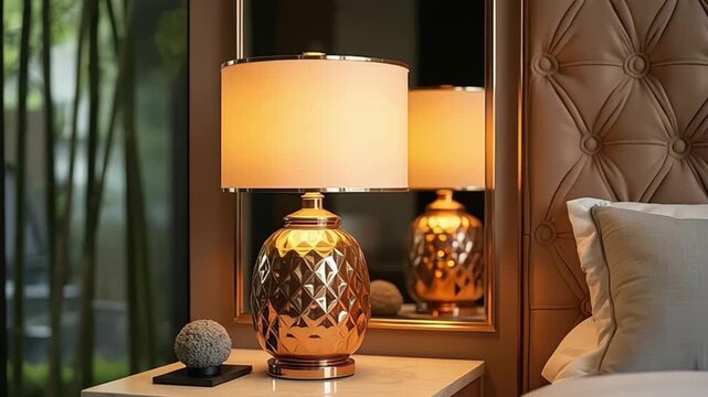 Elegant bedside table lamp with a textured base reflecting in a framed mirror