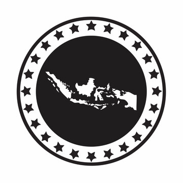 Indonesia map silhouette inside a black circle with a border of white stars around the edge