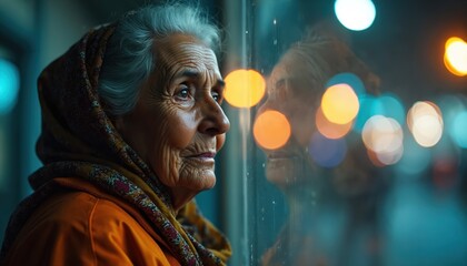 Sad old woman looks in window reflection at night. Elderly senior lady thinking, grieving, feeling pain of past trauma. Loneliness, isolation themes of ageing sorrow. Mental health, loss, depression