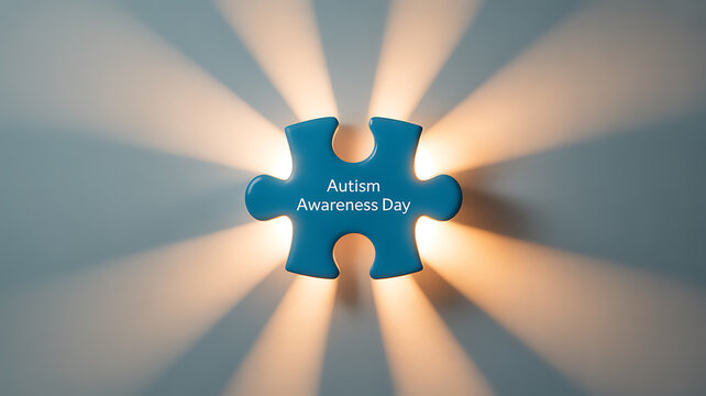Autism Awareness Day symbolized by a blue puzzle piece with radiant light background