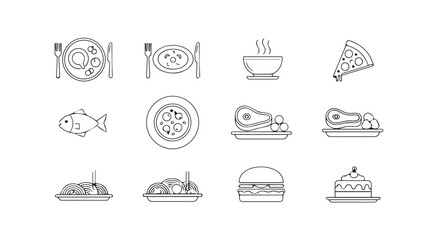 Collection of food and drink icons in a simple line art silhouette style