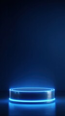 Futuristic high-tech podium with glowing blue neon lights on indigo background featuring modern circular platform for product display and commercial advertising design concepts.