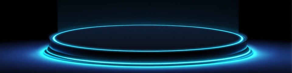 Futuristic high-tech podium with glowing blue neon lights on indigo background featuring modern circular platform for product display and commercial advertising design concepts.
