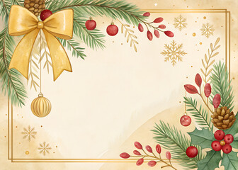 Watercolor-style Christmas background with golden bow, pine leaves, red and gold ornaments, festive berries, soft beige watercolor texture, golden frame with elegant flourishes, wide empty copy space 