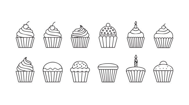 Collection of hand drawn cupcake and ice cream silhouettes with decorative frosting
