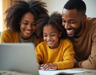 African American family helps daughter with homework using laptop at home. Happy parents assist child with school project online. Cheerful girl learns with assistance, support. Distant learning,