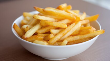 french fries close up, golden crispy fries, lightly salted, served in simple bowl, everyday home dining style