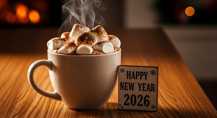 Hot chocolate with marshmallows and 'happy new year 2026' sign