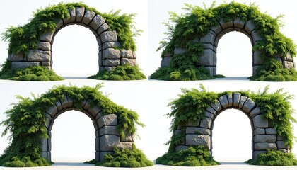 Four mossy stone archway ruins isolated on white. Ancient architecture design elements covered by plants, foliage. Old overgrown plant relic wall vintage weathered wood structure background. Perfect