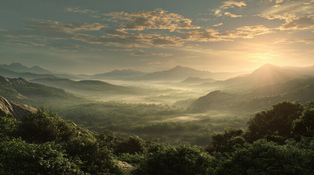 Golden sunrise illuminating misty valley surrounded by rolling hills and lush green vegetation under a clear sky with scattered clouds creating a serene landscape atmosphere. - Powered by Adobe
