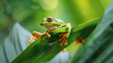 Fototapeta premium Nature’s Small Wildlife: Colorful Frogs/Toads, Leaf-Grass Backdrops & Macro Eye Closeups
