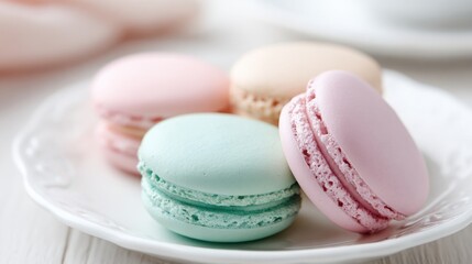 french macaron close up, pastel colors, delicate texture, elegant white plate, minimalistic background