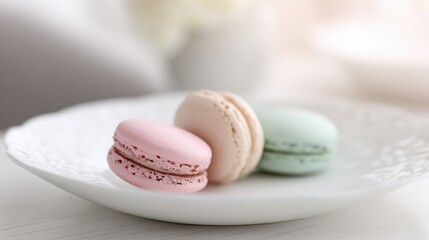Obraz premium french macaron close up, pastel colors, delicate texture, elegant white plate, minimalistic background, soft lighting