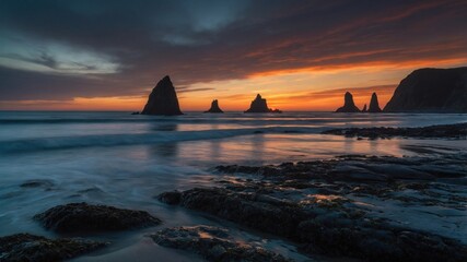 Serene coastal sunset with dramatic rock formations and gentle waves under a colorful sky