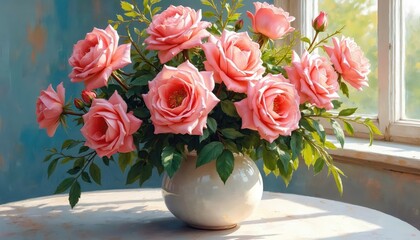 Fototapeta premium Pastel pink roses bouquet in vase on white table near window. Floral arrangement with blossoms, buds. Spring, summer mood, nature beauty, gentle romantic aesthetic. Interior decoration with flowers.