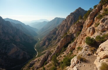 Naklejka premium Mountain landscape in southern Spain with winding river. Deep valley with blue waters. Lush plants and rocky terrain. Aerial view from high vantage point. Comprehensive view of valley and river.