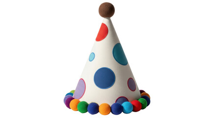Isolated polka-dotted party hat, fluffy pom-pom on top, festive celebration accessory, fun theme