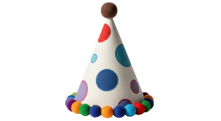 Isolated polka-dotted party hat, fluffy pom-pom on top, festive celebration accessory, fun theme