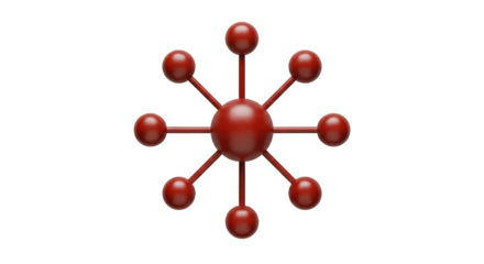 Isolated red sphere connected with lines, atom shape, model of molecule, atom icon