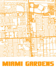 A minimalist line-art map of Miami Gardens, Florida, featuring its streets and highways.