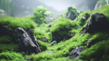 Miniature landscape of moss, rocks, and small red creatures