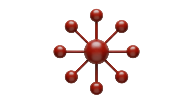 Isolated red sphere connected with lines, atom shape, model of molecule, atom icon