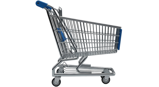 Isolated empty shopping cart, market trolley, or chrome retail transport without products