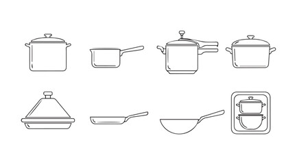 Collection of kitchenware pots pans and tagine in simple silhouette style