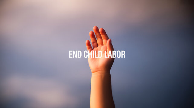 A child's hand raised against a sky background with the text 'END CHILD LABOR' promoting awareness against child labor.