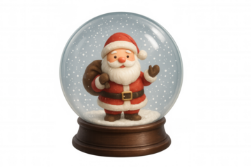 Santa claus snow globe figurine illustrating winter holiday magic with falling snow and a happy santa, transparent background