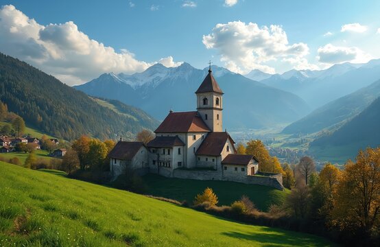 Romania Hosman village view. Medieval church on hill with green meadow grass surrounded by forest mountains with snowy peaks. Tranquil landscape, clear blue sky with clouds, tourism background.