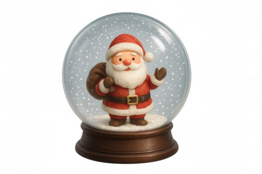 Santa claus snow globe figurine illustrating winter holiday magic with falling snow and a happy santa, transparent background