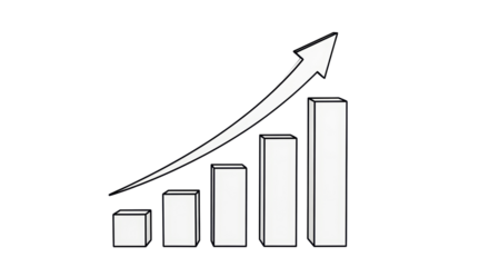 Isolated upward arrow on a growing bar graph, symbolizing progress and upward growth